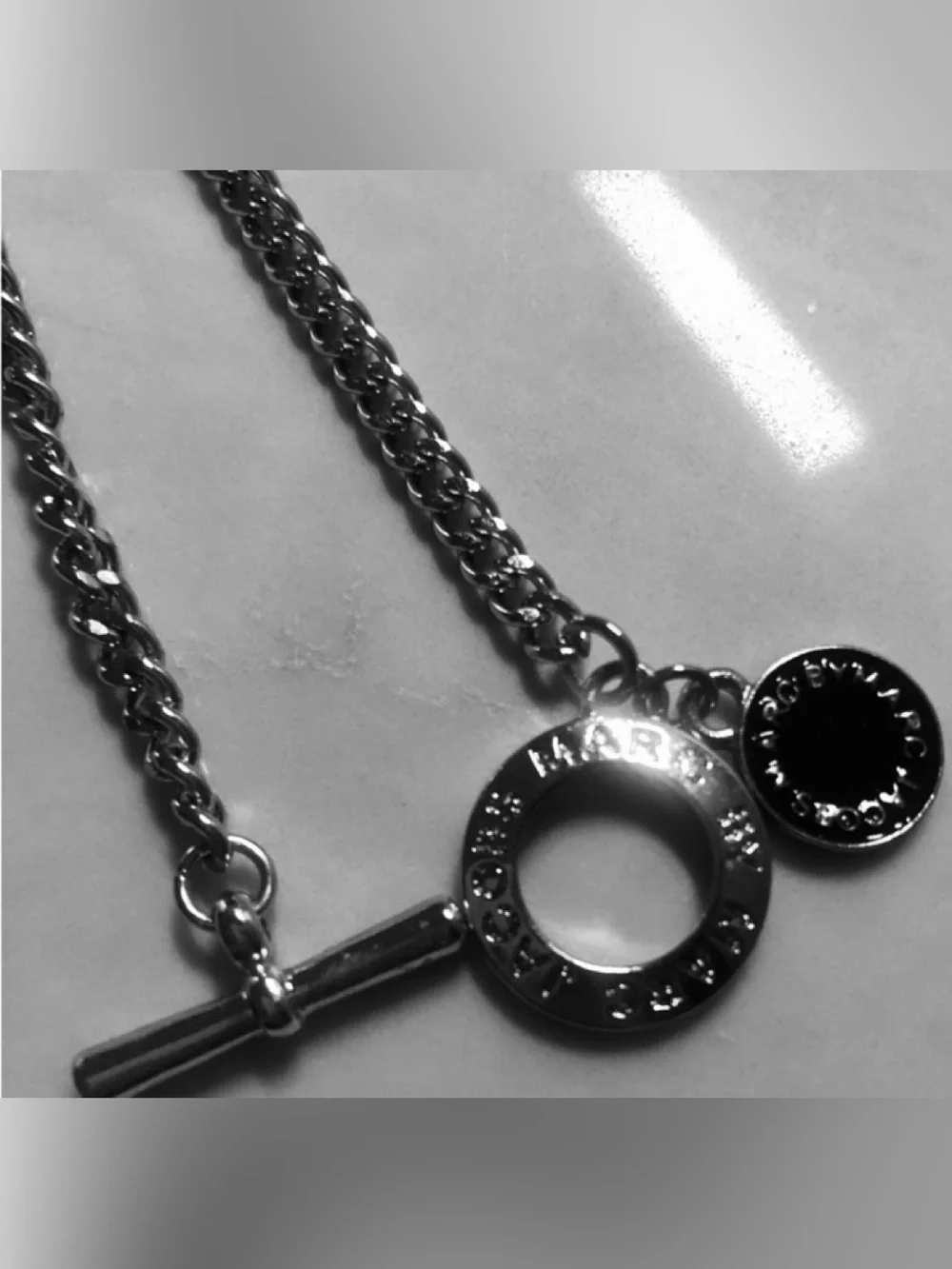 Designer MARC JACOBS Silver w/ Round Black Logo Disc Toggle Chain Bracelet